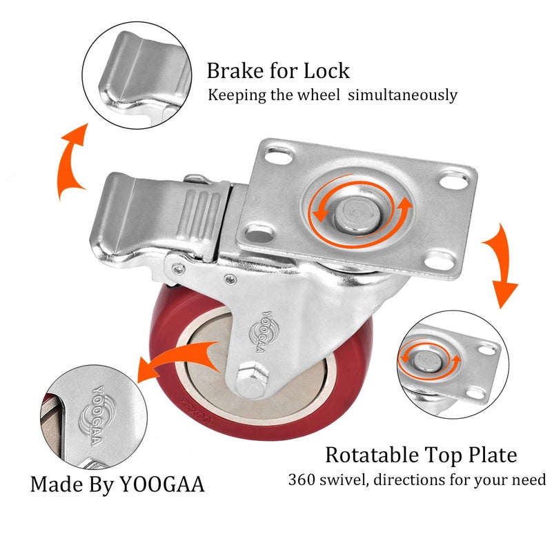 YOOGAA Caster Wheel 4 inch Heavy Duty Caster Set of 4 Double Lock Castors 360 Degree Rotatable for Cart, Furniture and Workbench 1200lbs Load Capacity - Image 2